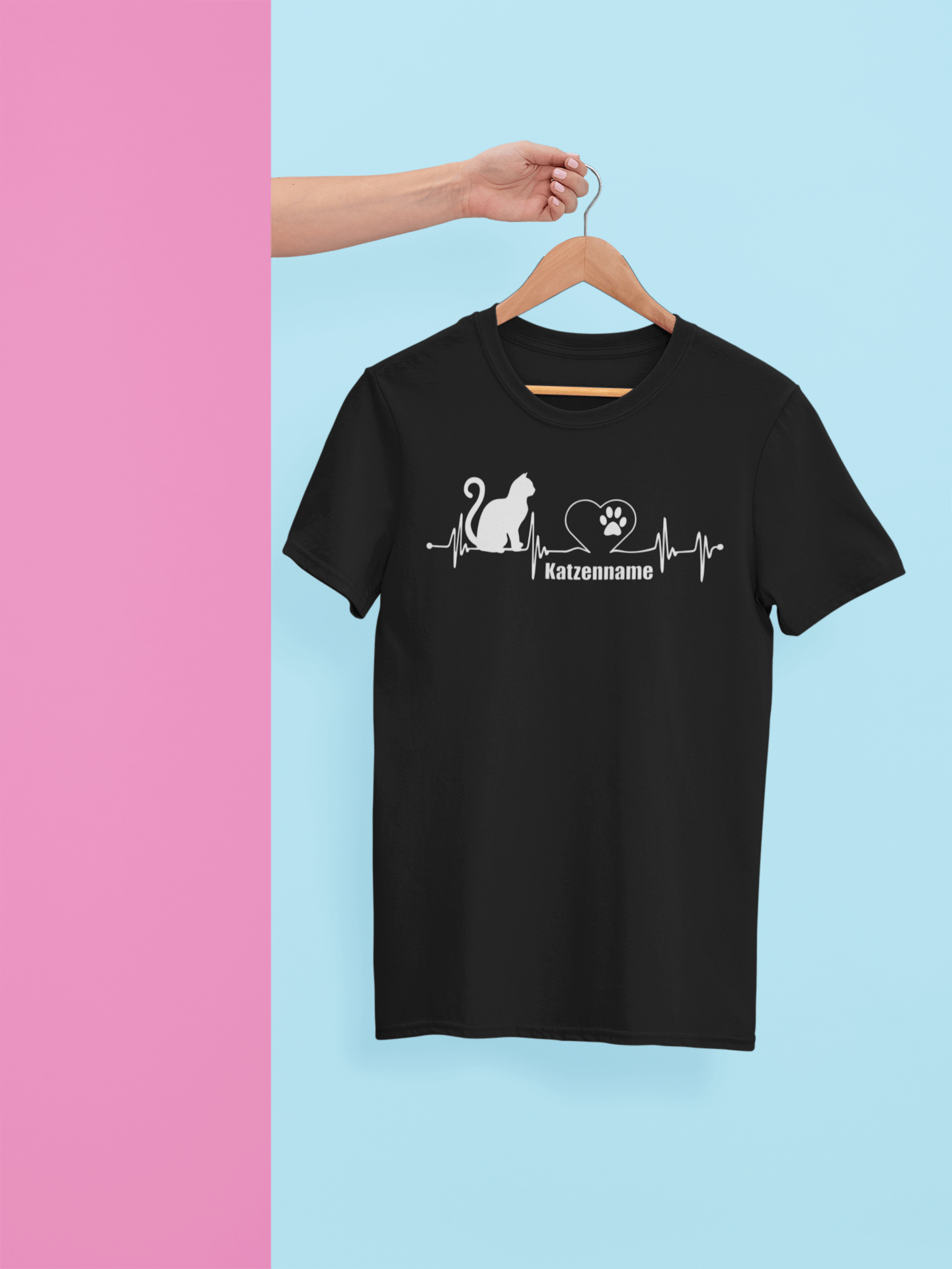 Katzen T-Shirt Herzschlag personalisiert mit Namen